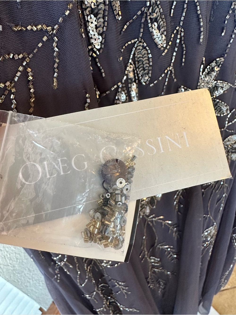 Oleg Cassini three quarter sleeve beaded gown with godets charcoal SZ 16w NWT - Picture 6 of 7